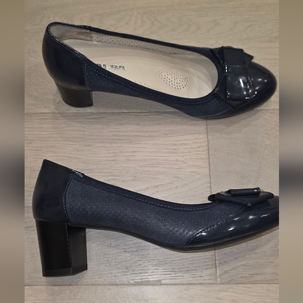 New Handmade Alba Navy Blue Heels with Patent Leather Toe Bow & Block Heel